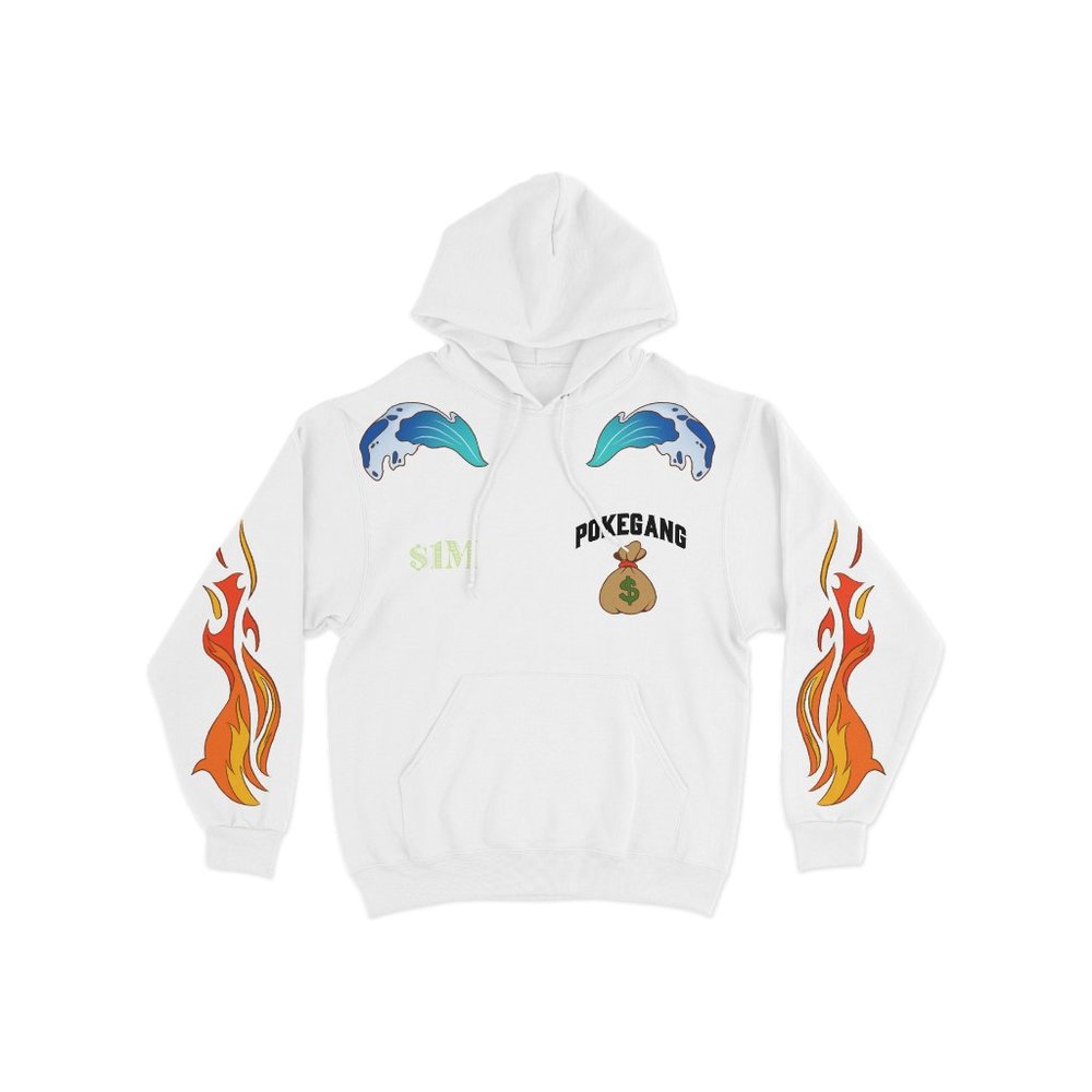 PokeGang Unisex White Long Sleeve Side Pocket Pullover Soft Fleece Hoodie